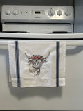 Highland Cow with Lillies Tea Towel