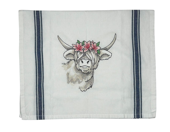 Highland Cow with Lillies Tea Towel