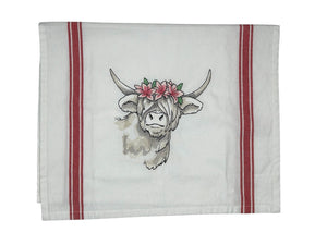 Highland Cow with Lillies Tea Towel